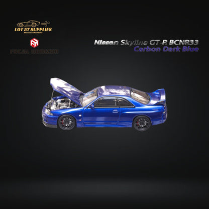 Dark blue Nissan Focal Horizon Skyline GT-R R33 diecast model in 1:64 scale, detailed miniature car with intricate design.