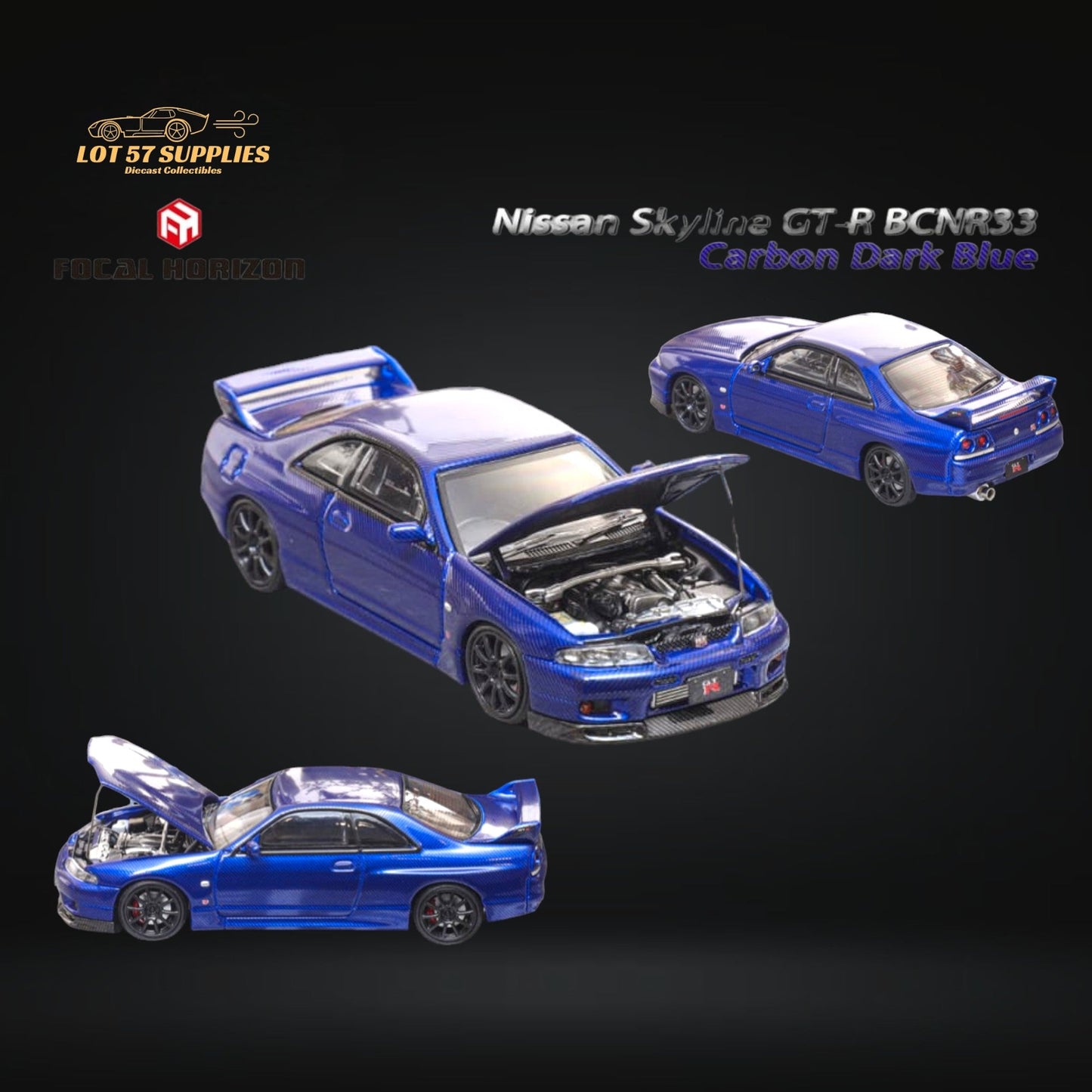 Dark blue Nissan Skyline GT-R R33 diecast model in 1:64 scale, detailed collectible from Lot57Supplies Diecast Shop.
