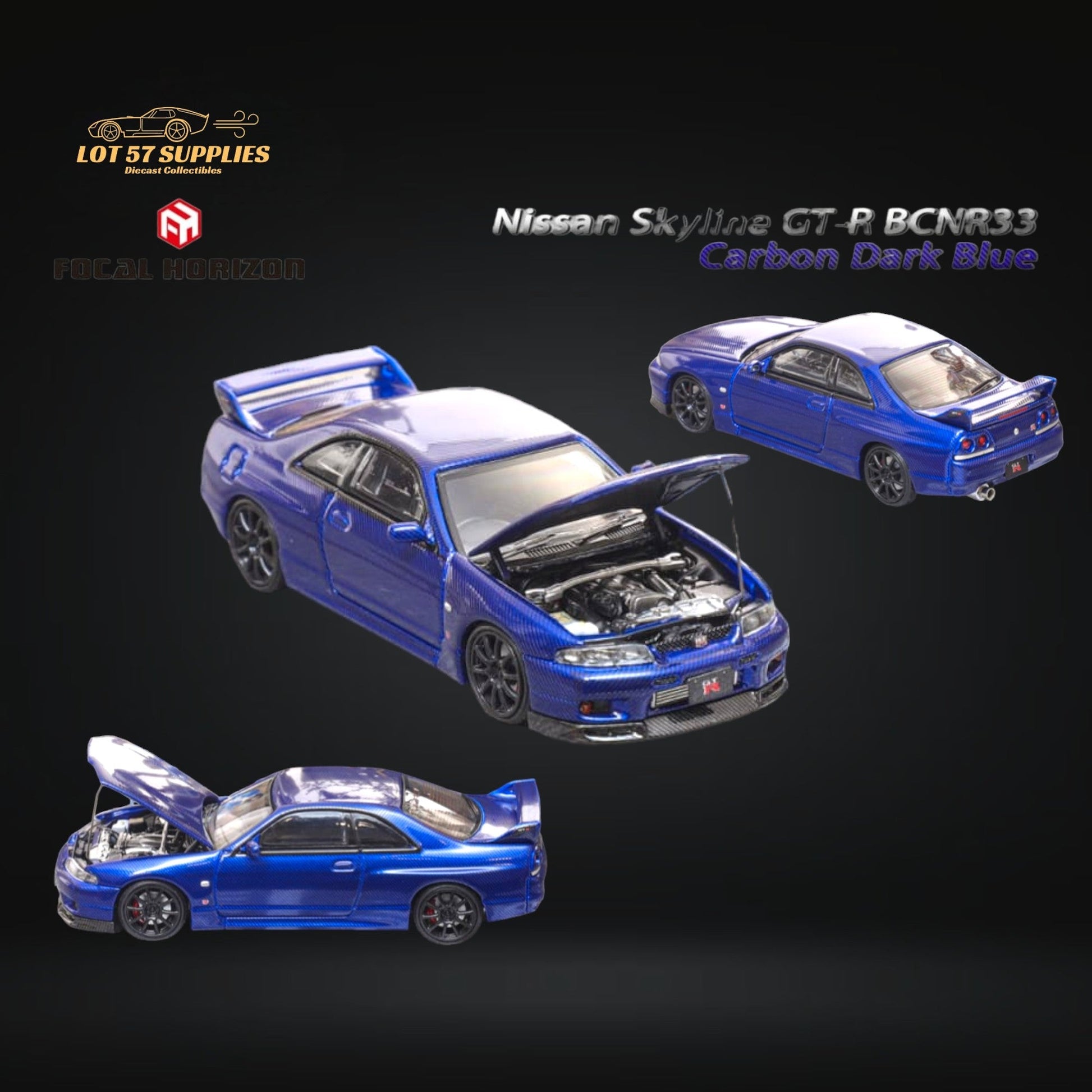 Dark blue Nissan Skyline GT-R R33 diecast model in 1:64 scale, detailed collectible from Lot57Supplies Diecast Shop.