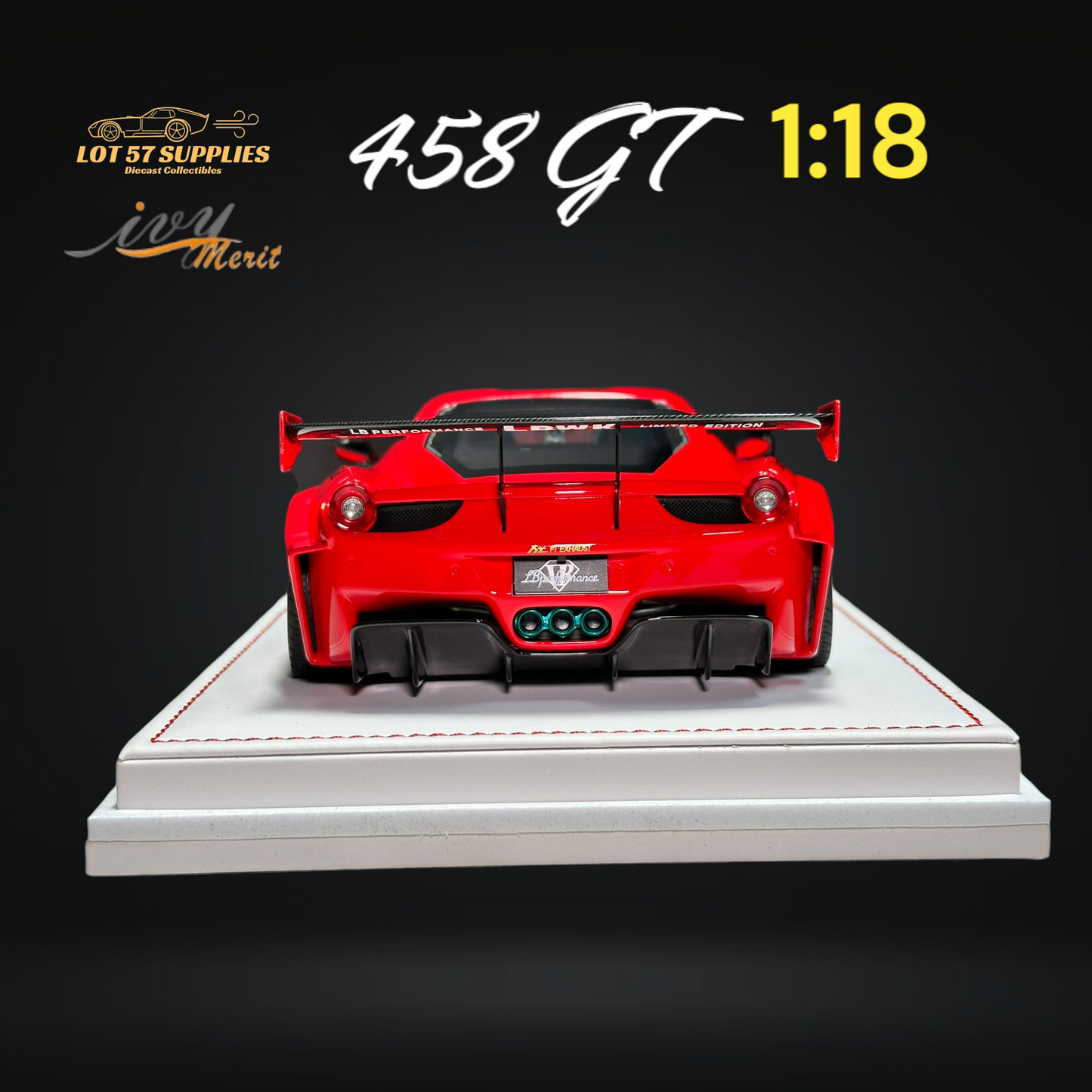 Red Ferrari 458 GT diecast model by Ivy Merit, Lot57Supplies, detailed 1:18 scale car with realistic features and vibrant color.