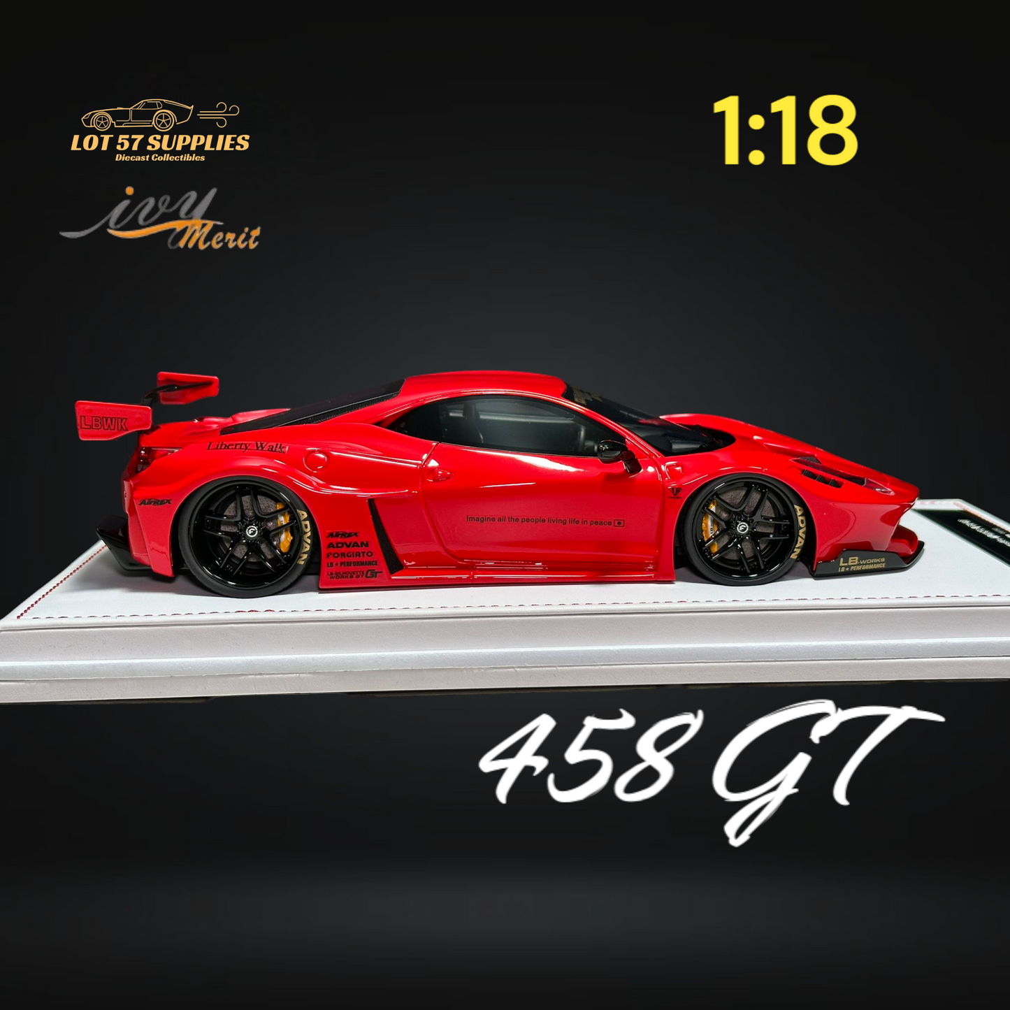 Ferrari 458 GT diecast model in Rosso Red by Ivy Merit, detailed 1:18 scale replica with realistic features.