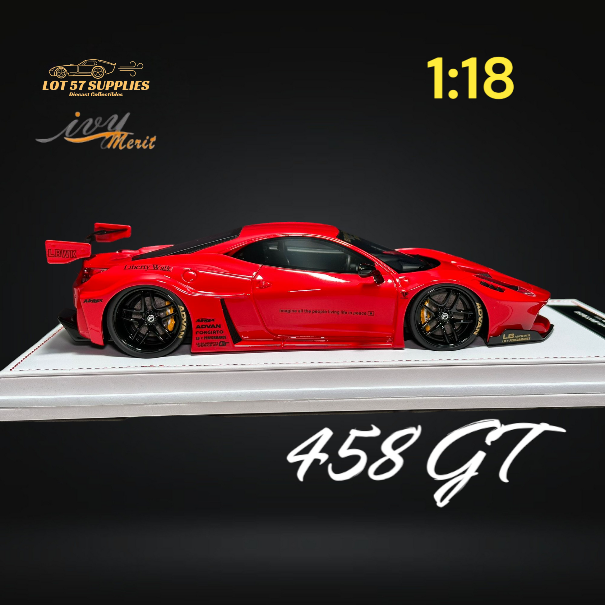 Ferrari 458 GT diecast model in Rosso Red by Ivy Merit, detailed 1:18 scale replica with realistic features.