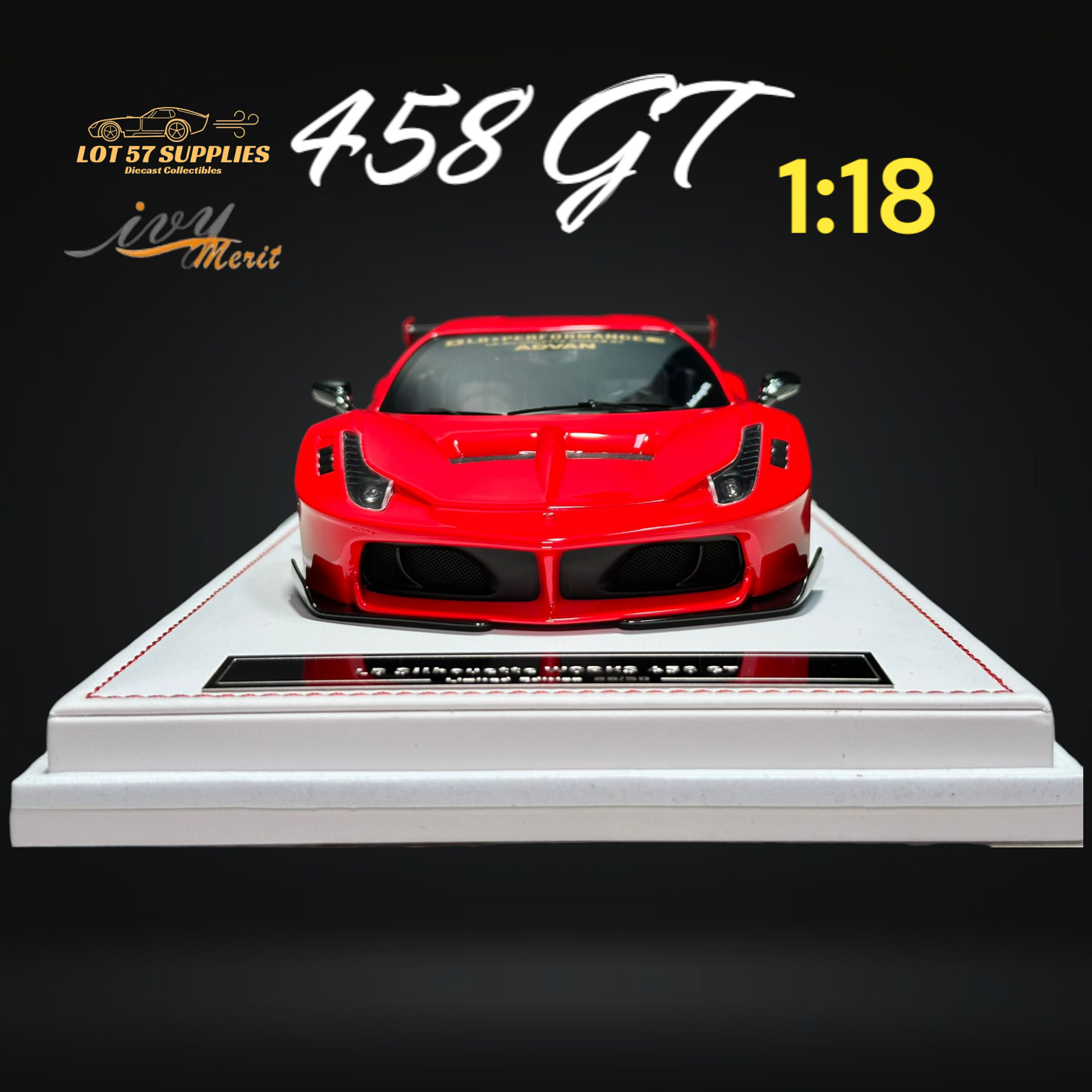 Red Ferrari 458 GT diecast model by Ivy Merit, detailed scale 1:18, with sleek design and realistic features.