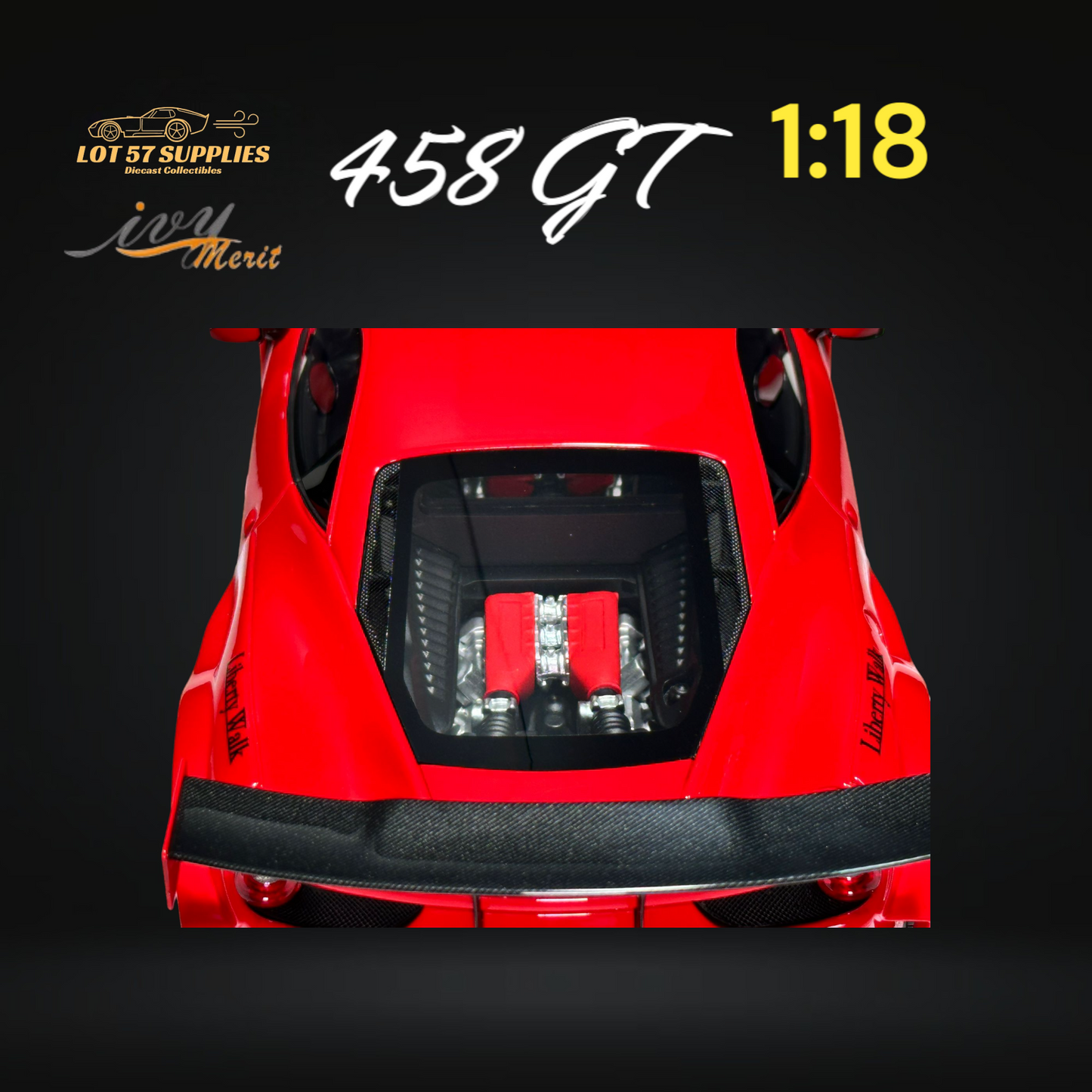 Red Ferrari 458 GT diecast model from Ivy Merit in 1:18 scale, detailed with realistic features on display.
