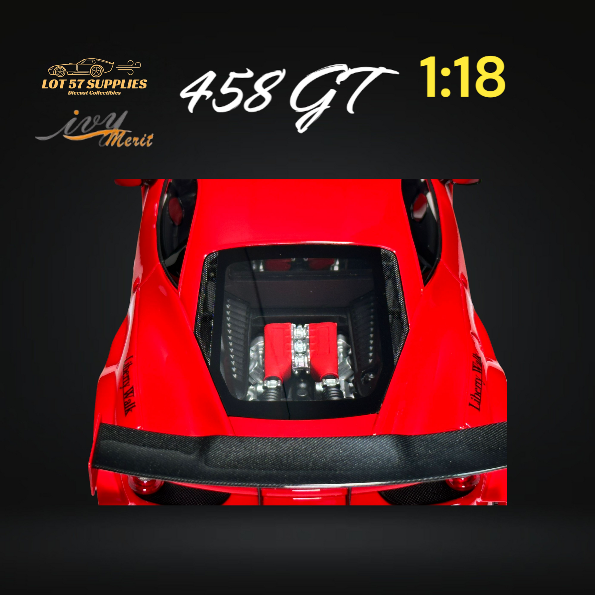 Red Ferrari 458 GT diecast model from Ivy Merit in 1:18 scale, detailed with realistic features on display.