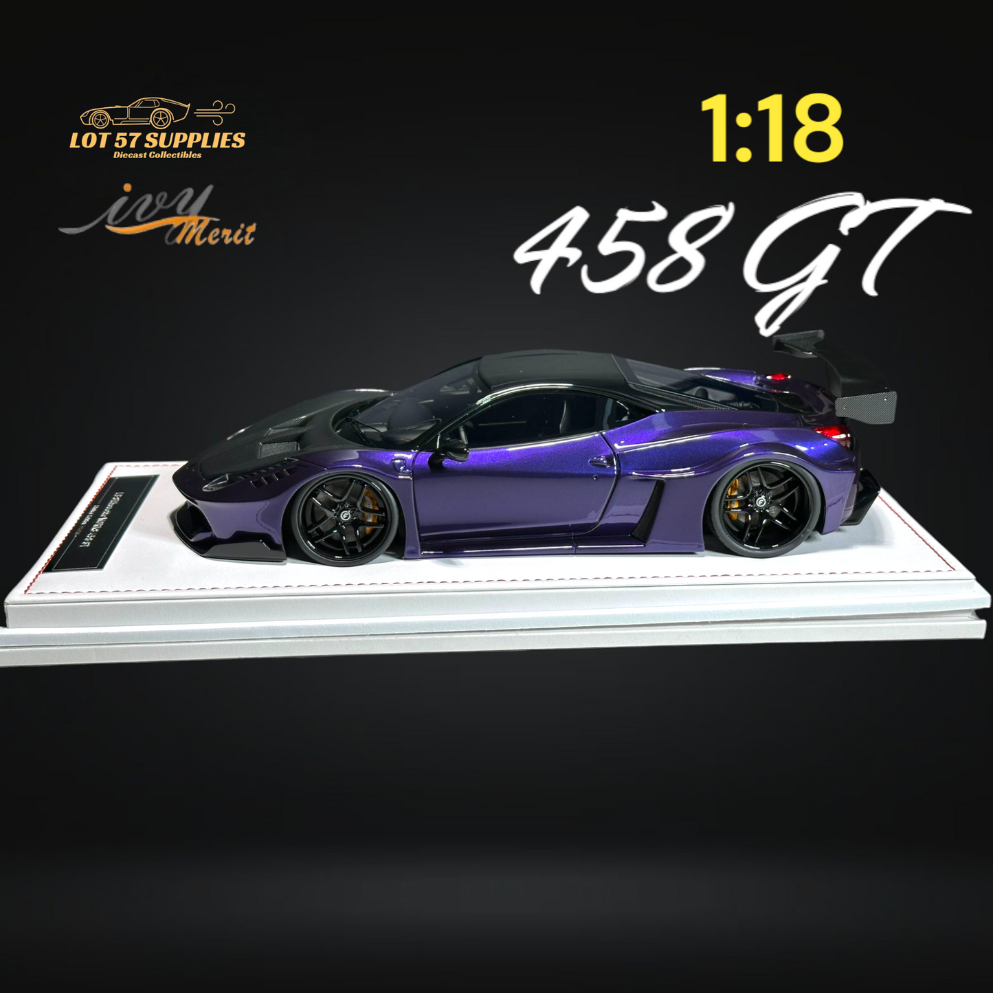 Purple Ferrari 458 GT diecast model by Ivy Merit, 1:18 scale, detailed miniature from Lot57Supplies Diecast Shop.
