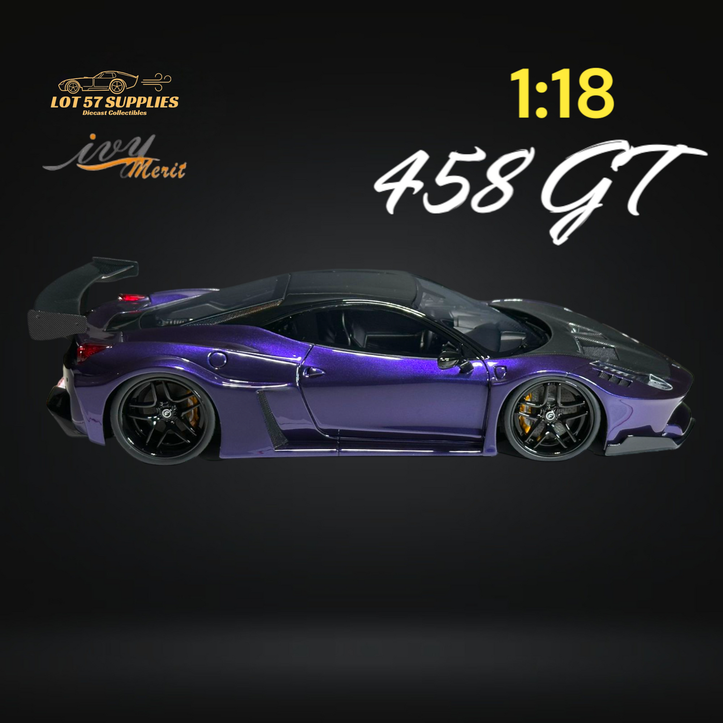 Purple Ferrari 458 GT diecast model by Ivy Merit, 1:18 scale, showcasing detailed exterior and sleek design.