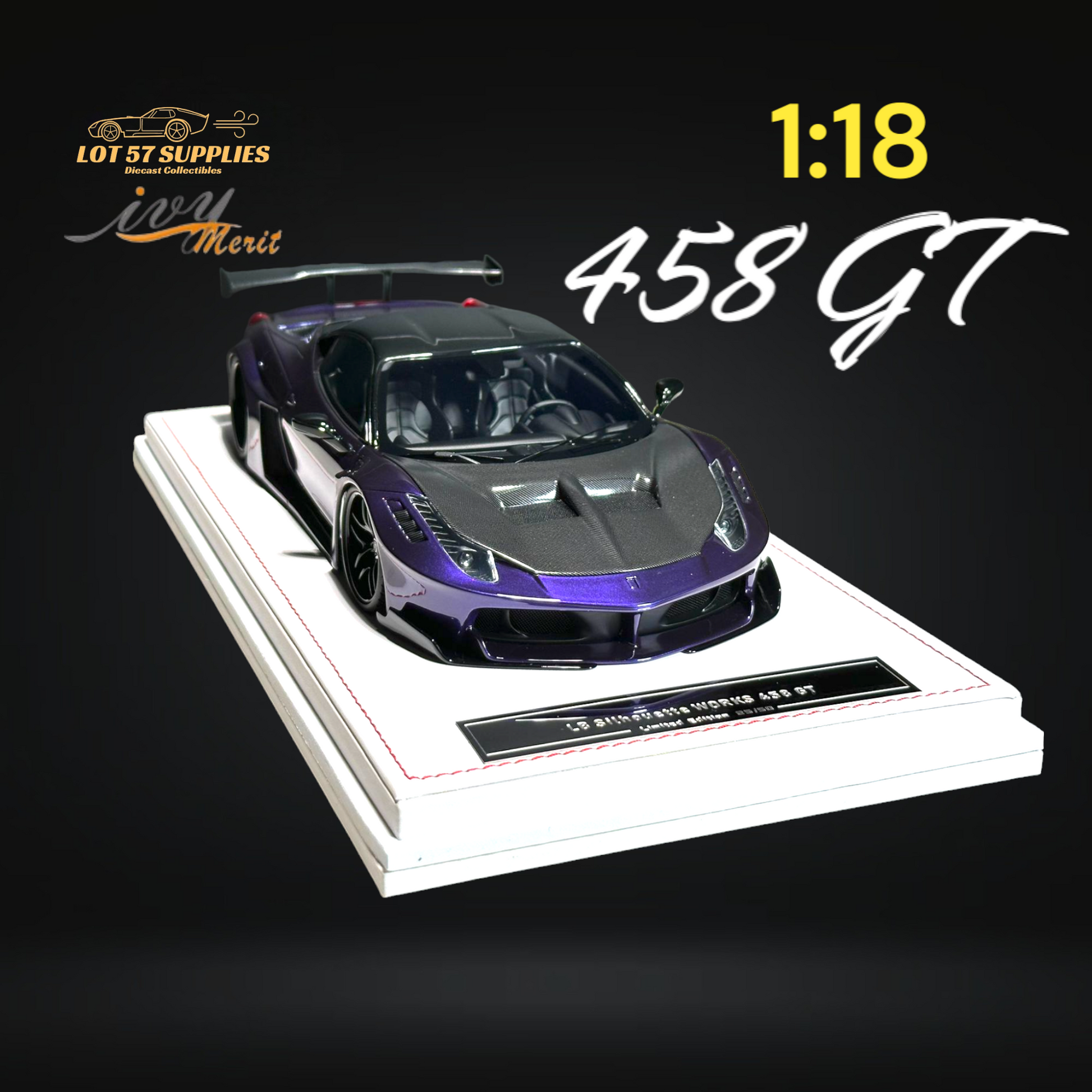 Purple Ferrari 458 GT diecast model in 1:18 scale by Ivy Merit, detailed view from Lot57Supplies Diecast Shop