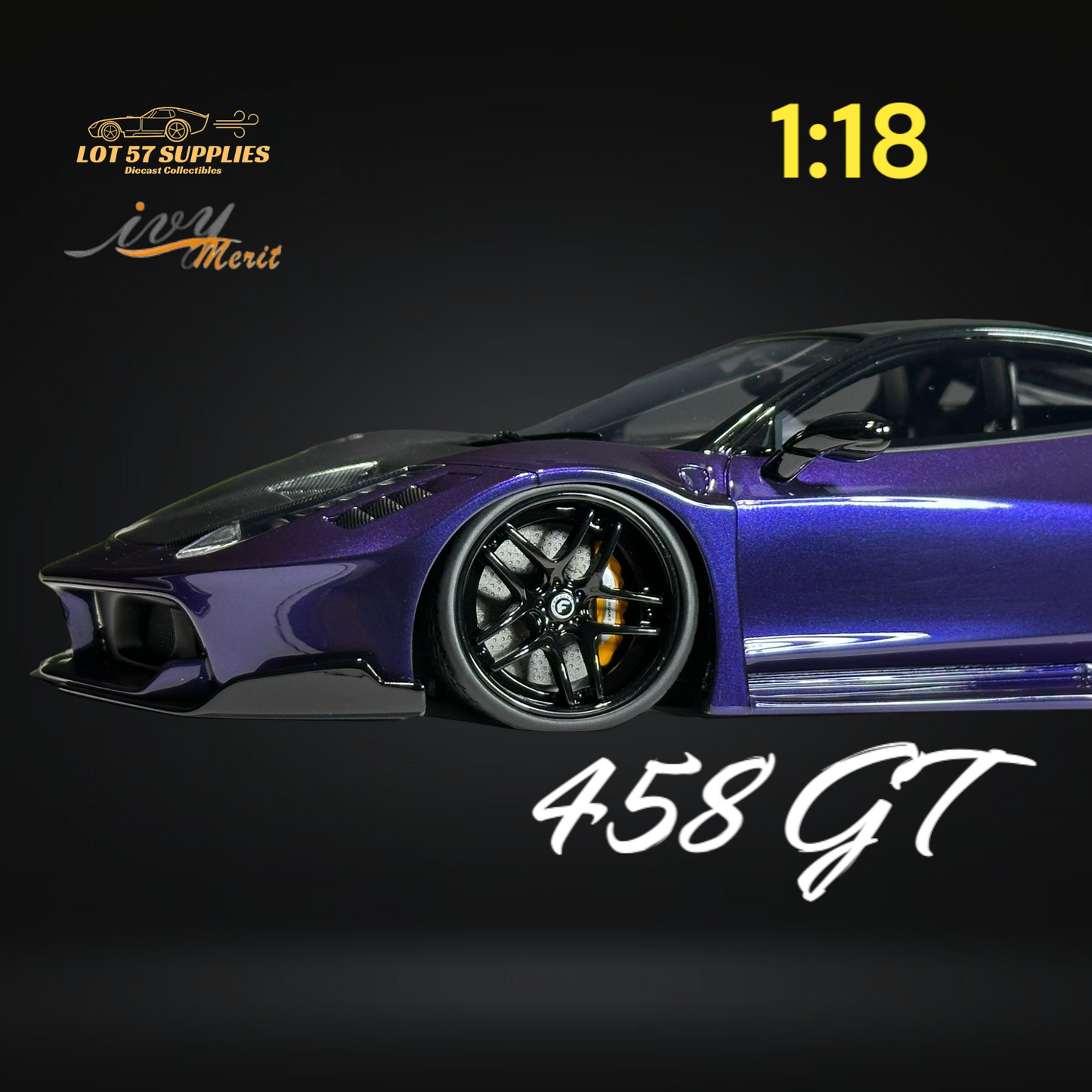Purple Ferrari 458 GT diecast model by Ivy Merit, 1:18 scale, detailed collectible vehicle, displayed on a plain background.
