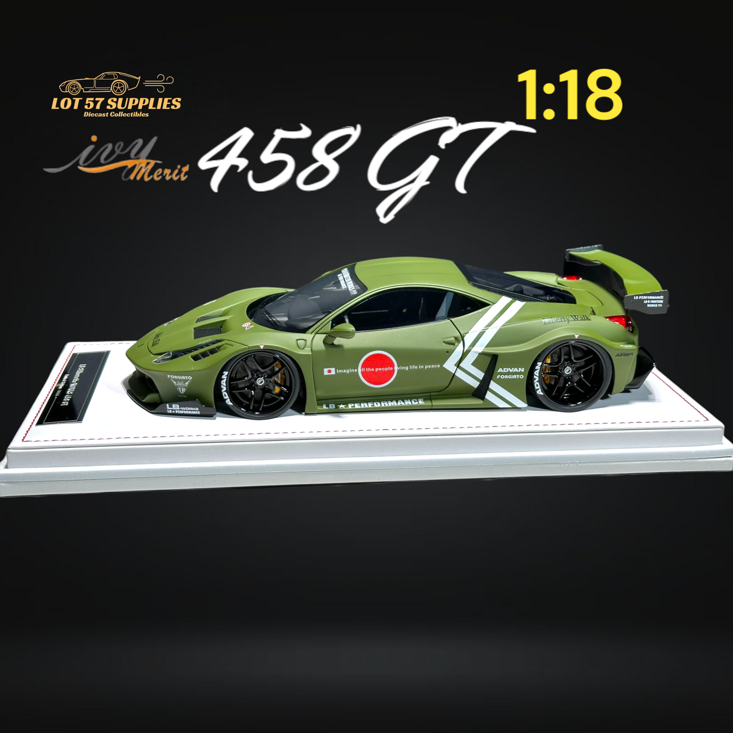 Red Ferrari 458 GT diecast model by Ivy Merit, detailed resin 1:18 scale, showcasing sleek design and racing features.