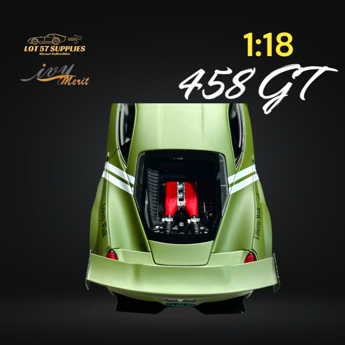 Detailed image of a 1:18 scale Ferrari 458 GT resin model by Ivy Merit, featuring precise craftsmanship and realistic design.