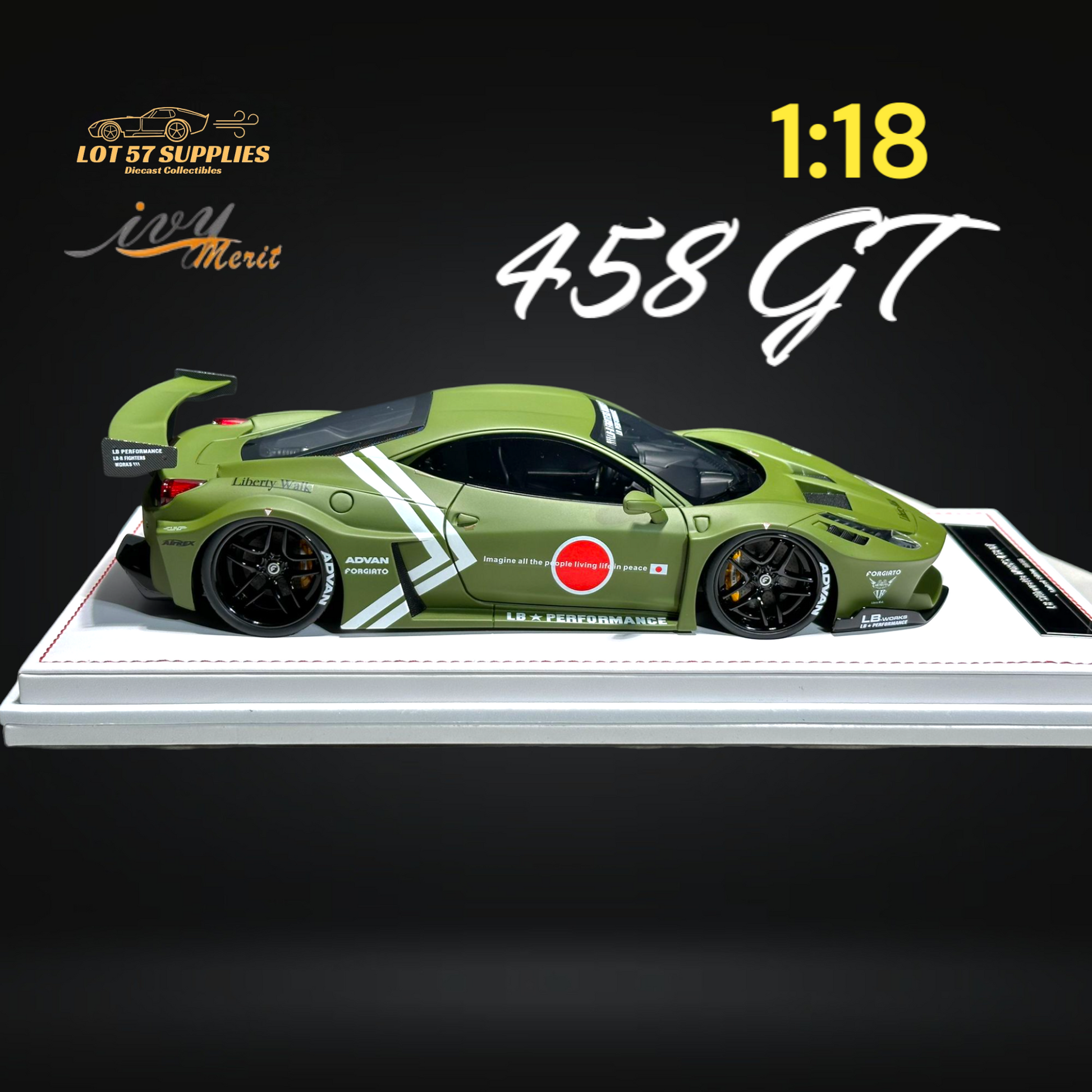 Red Ferrari 458 GT LBWK diecast model by Ivy Merit, detailed 1:18 resin car displayed on a neutral background.