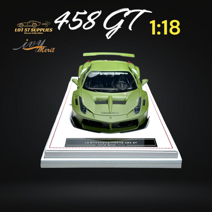 Detailed image of a 1:18 scale Ferrari 458 GT resin model by Ivy Merit, showcasing red exterior and intricate design features.