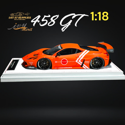Orange Ferrari 458 GT diecast model by Ivy Merit, detailed 1:18 scale car with realistic features, from Lot57Supplies Diecast Shop.