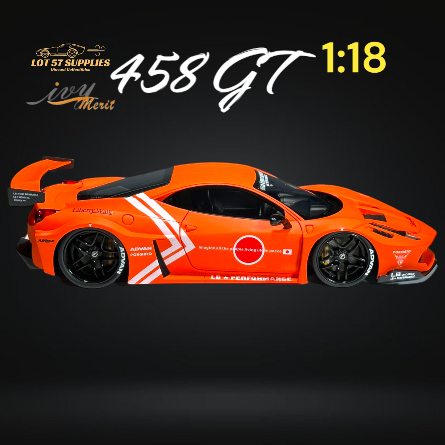 Orange Ferrari 458 GT LBWK diecast model by Ivy Merit, detailed 1:18 scale car showcasing realistic design and intricate features.