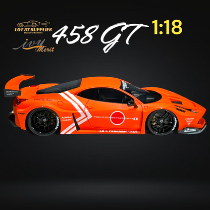 Orange Ferrari 458 GT LBWK diecast model by Ivy Merit, detailed 1:18 scale car showcasing realistic design and intricate features.