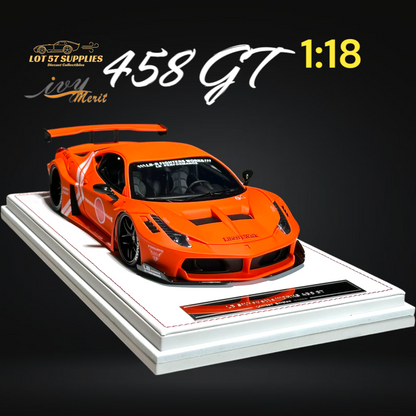 Orange Ferrari 458 GT diecast model by Ivy Merit, detailed 1:18 scale car with sleek design and realistic features.