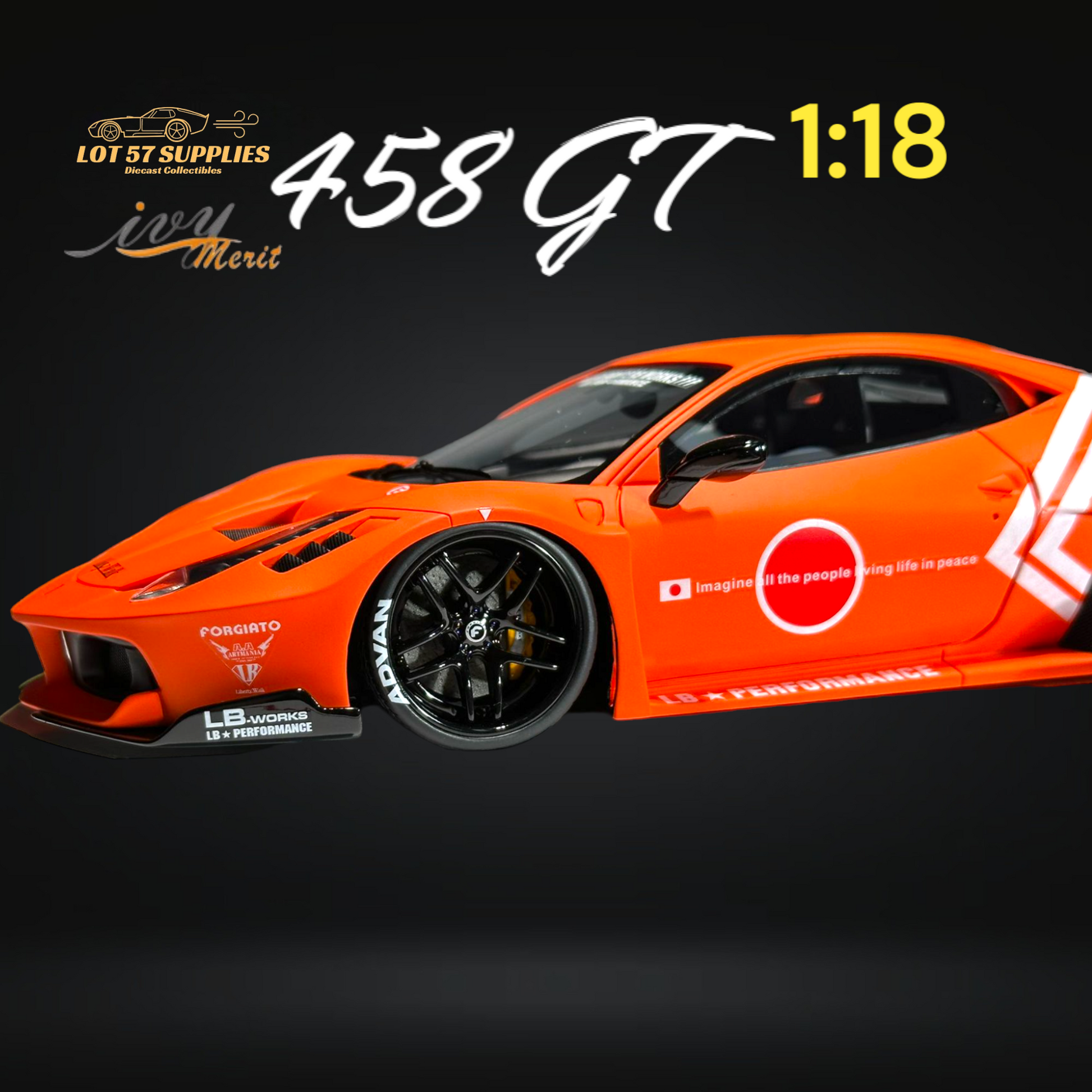 Orange Ferrari 458 GT diecast model from Ivy Merit by Lot57Supplies Diecast Shop, detailed 1:18 scale collectible car.