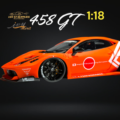 Orange Ferrari 458 GT diecast model from Ivy Merit by Lot57Supplies Diecast Shop, detailed 1:18 scale collectible car.