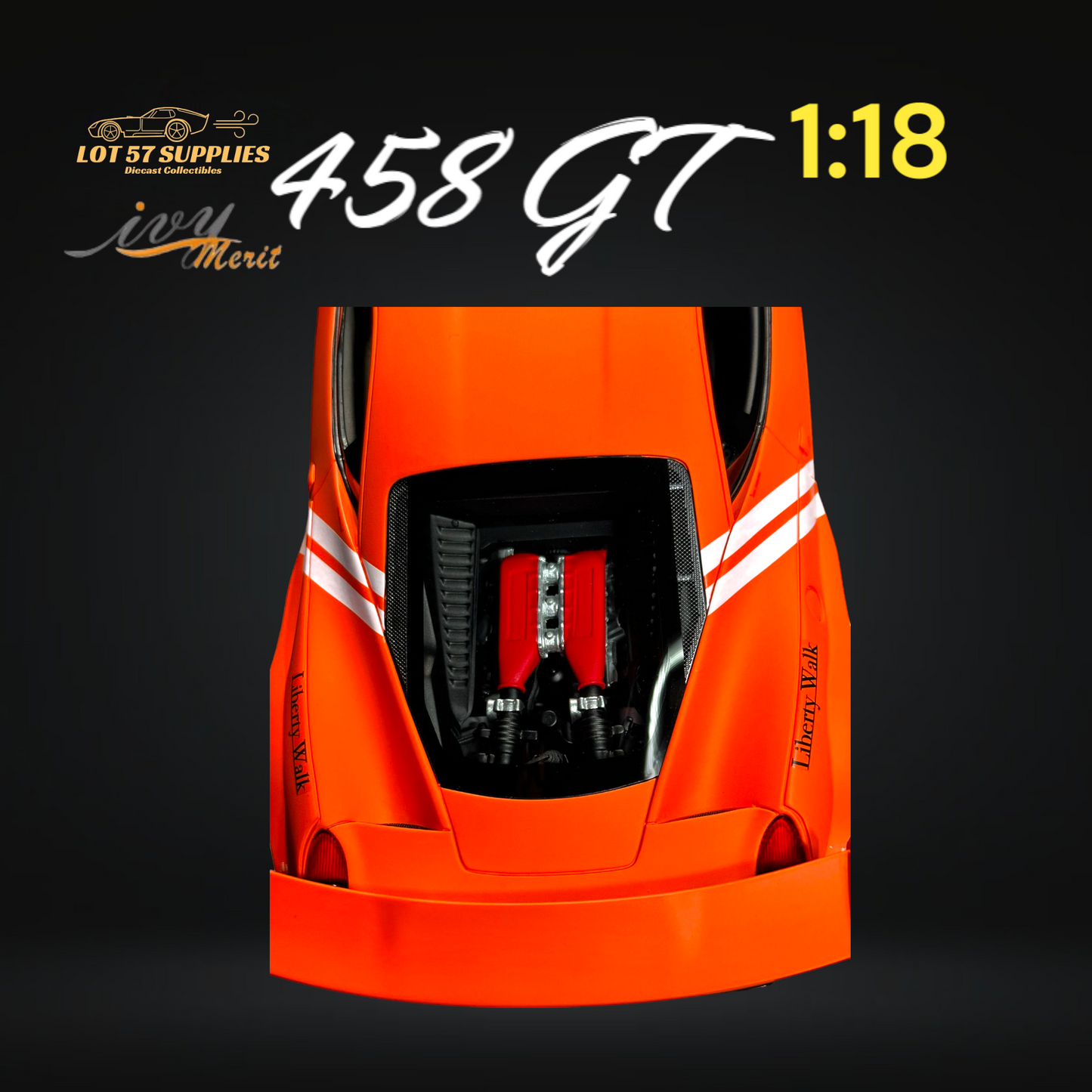 Orange Ferrari 458 GT diecast model by Ivy Merit, detailed 1:18 scale car with realistic features and sporty design.