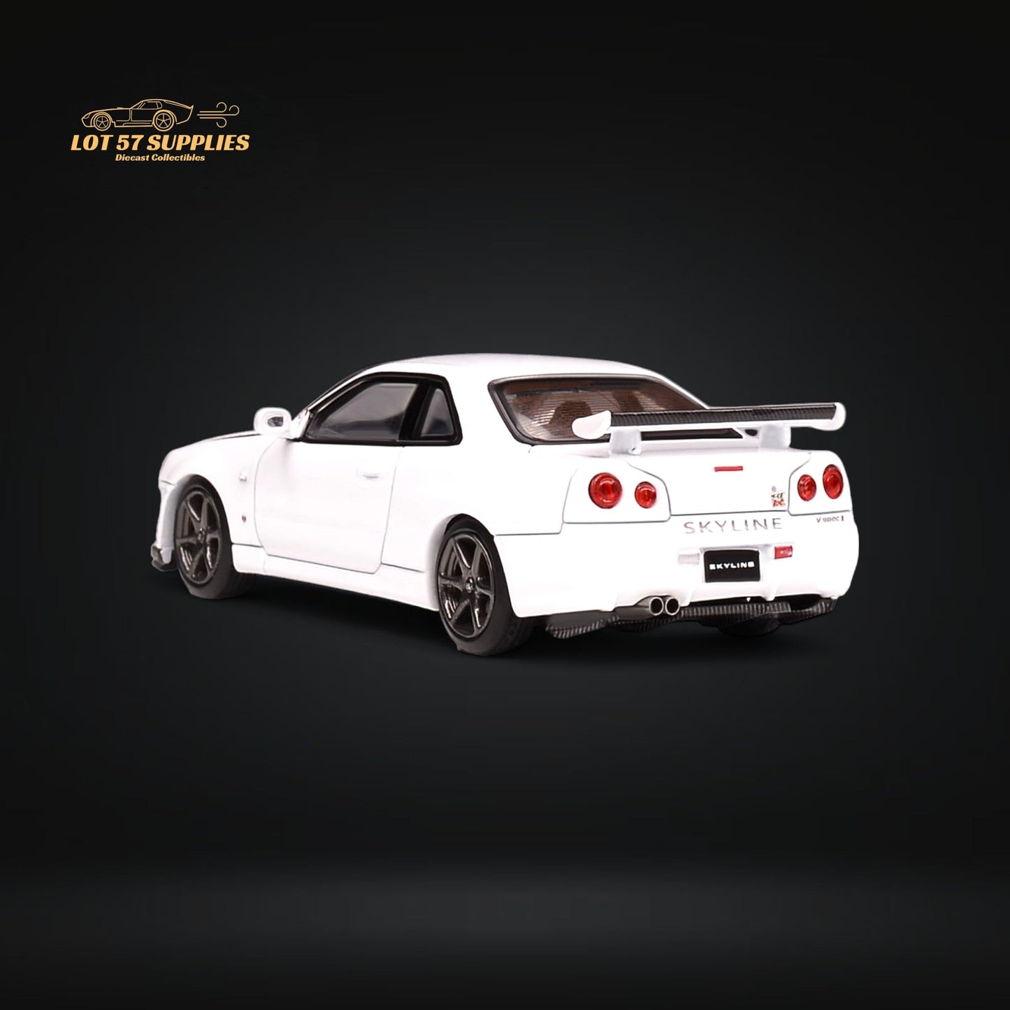 Nissan Skyline GT-R R34 Z-Tune diecast model in pearl white, 1:64 scale, showcasing detailed exterior and design features.