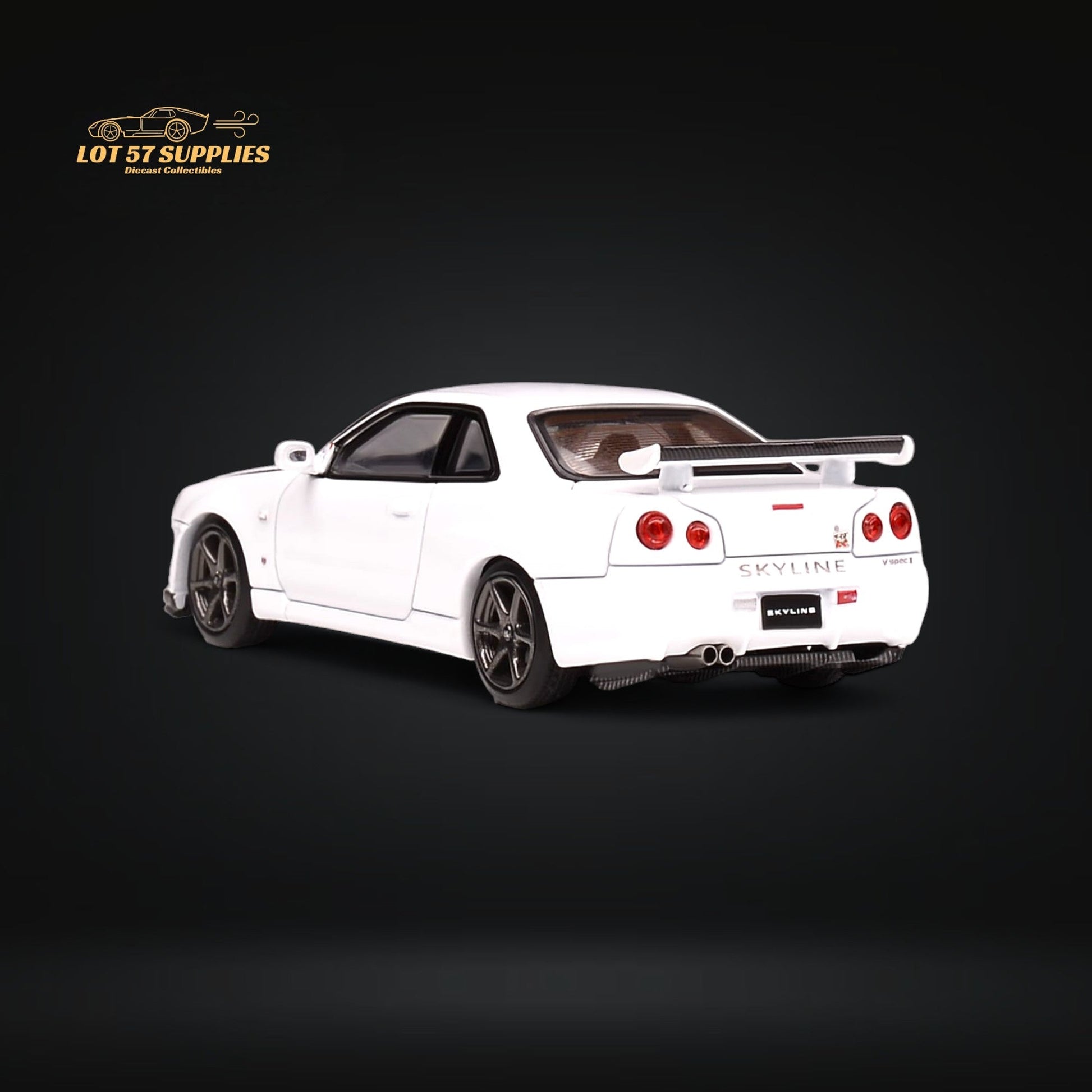 Nissan Skyline GT-R R34 Z-Tune diecast model in pearl white, 1:64 scale, showcasing detailed exterior and design features.