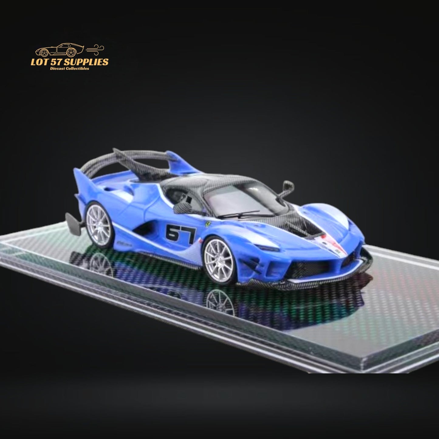 Sea blue Ferrari FXX-K Evo diecast model by Lot57Supplies, 1:64 scale, detailed miniature car on a white background.