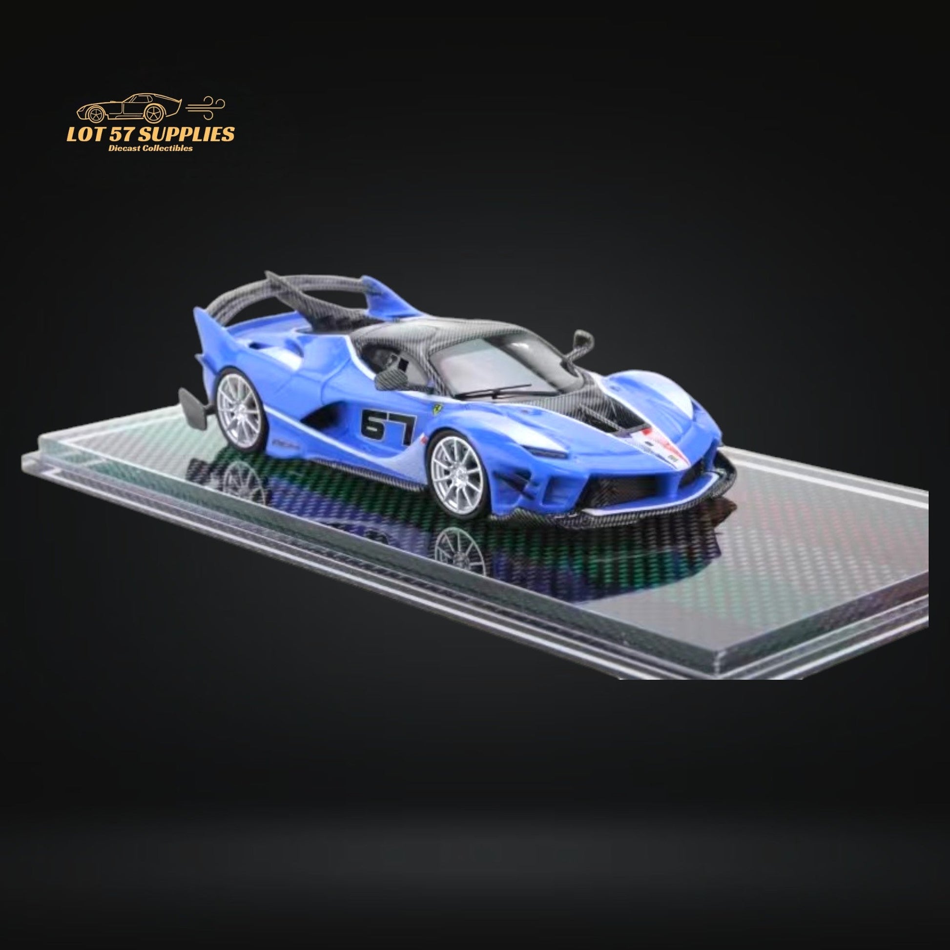 Sea blue Ferrari FXX-K Evo diecast model in 1:64 scale by Lot57Supplies Diecast Shop, detailed miniature car with realistic features.
