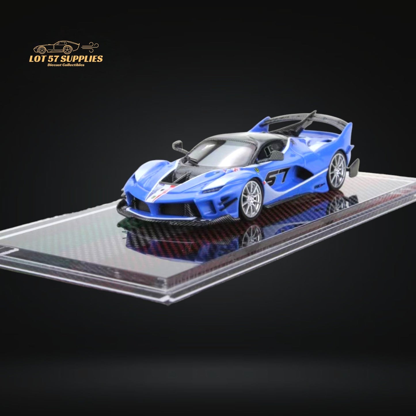 Sea blue Ferrari FXX-K Evo diecast model in 1:64 scale by Lot57Supplies Diecast Shop, featuring detailed design and realistic features.