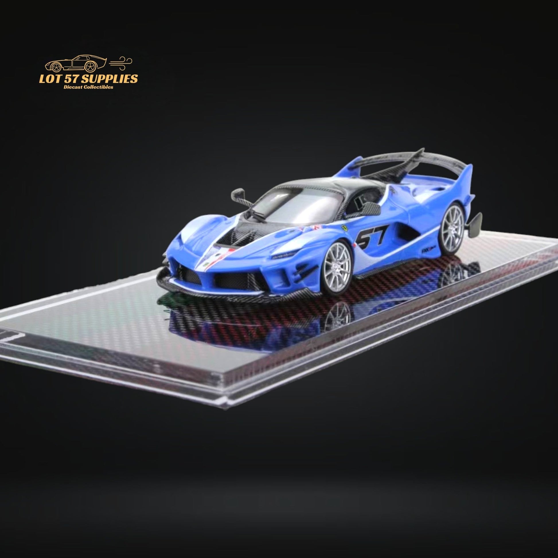 Sea blue Ferrari FXX-K Evo diecast model in 1:64 scale by Lot57Supplies Diecast Shop, featuring detailed design and realistic features.