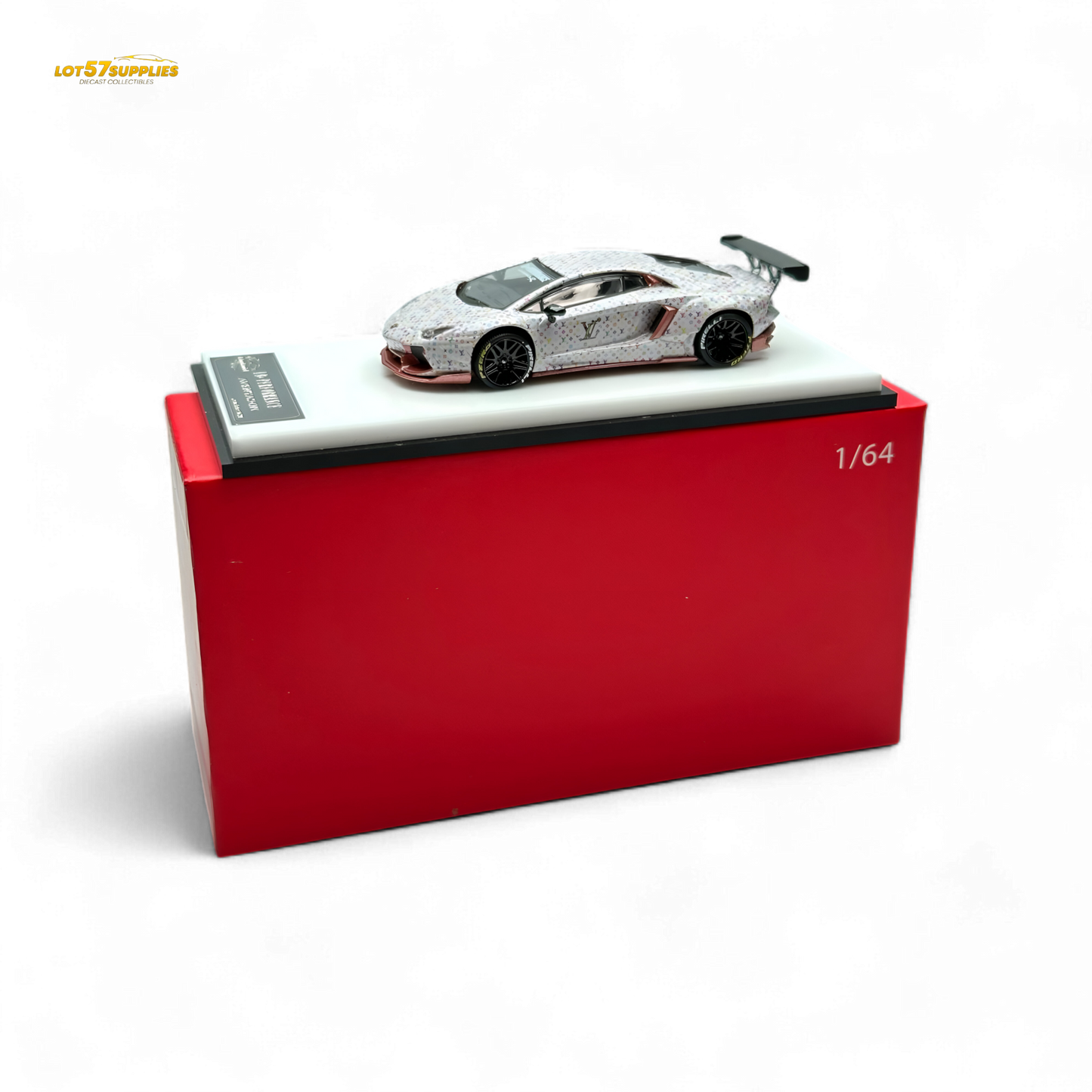 White King Model Lamborghini Aventador LP700-4 diecast car with LV livery, detailed miniature replica from Lot57Supplies Diecast Shop.