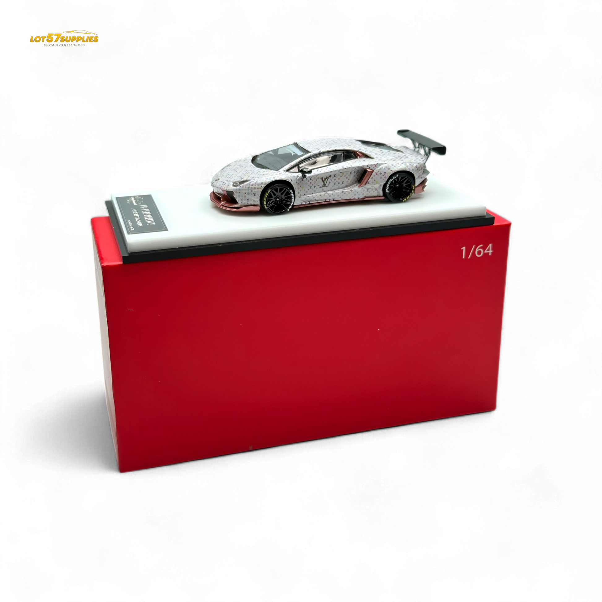 White King Model Lamborghini Aventador LP700-4 diecast car with LV livery, detailed miniature replica from Lot57Supplies Diecast Shop.