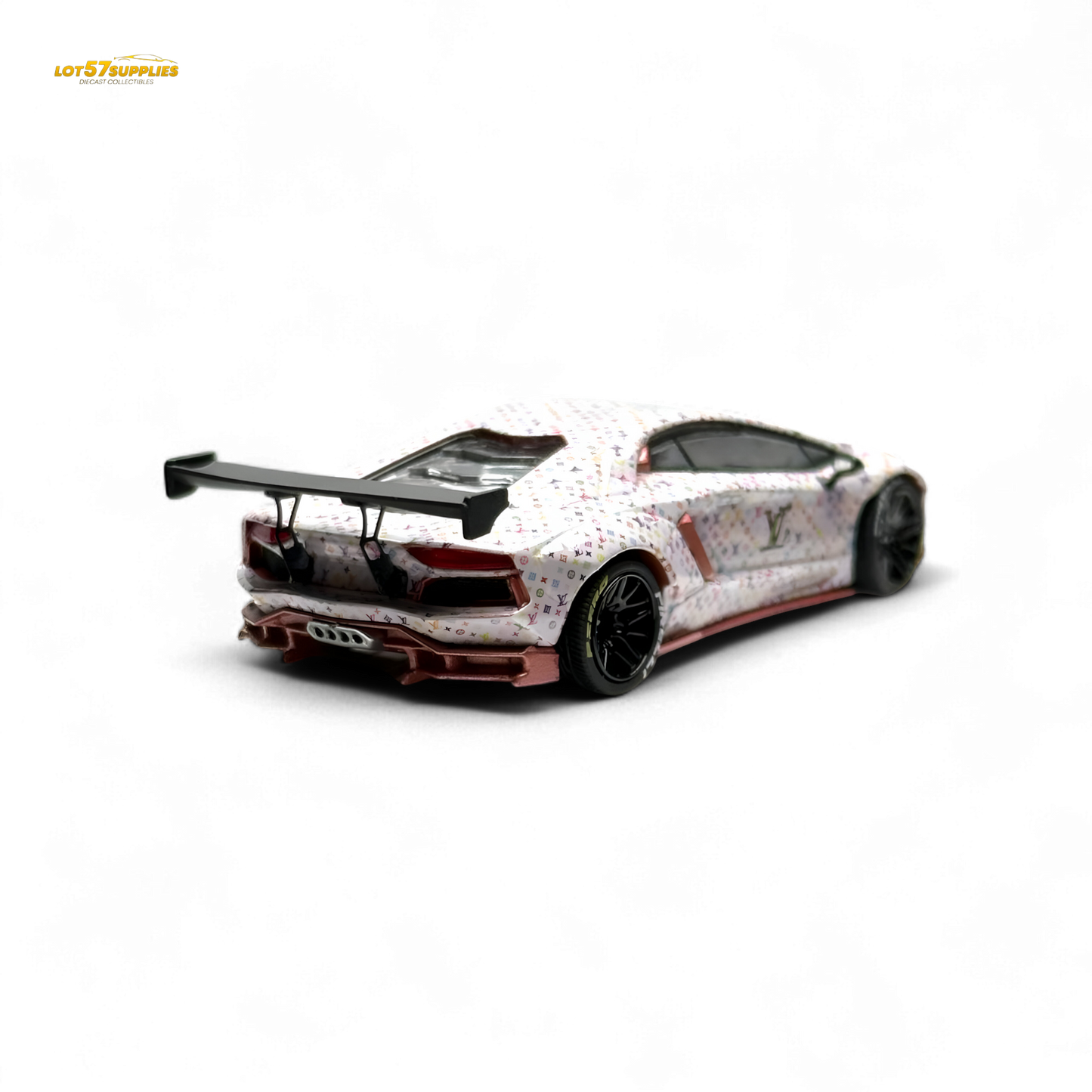 White King Model Lamborghini Aventador LP700-4 diecast car with LV livery, detailed miniature vehicle for collectors and enthusiasts.
