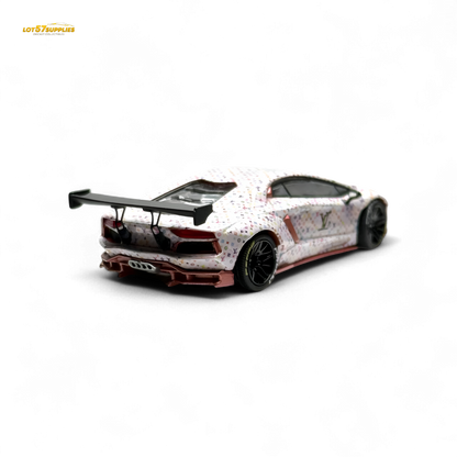 White King Model Lamborghini Aventador LP700-4 diecast car with LV livery, detailed miniature vehicle for collectors and enthusiasts.