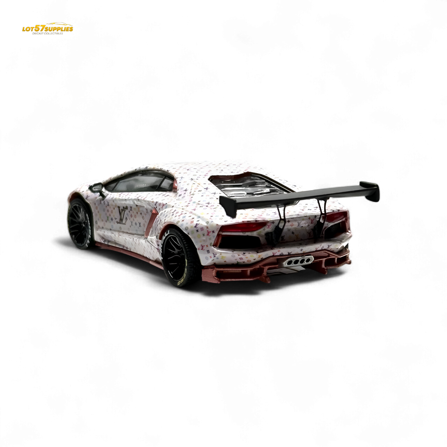 White King Model Lamborghini Aventador LP700-4 diecast car with LV livery, detailed 1:64 scale, showcasing sleek design and vibrant graphics.