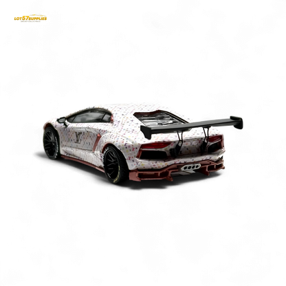 White King Model Lamborghini Aventador LP700-4 diecast car with LV livery, detailed 1:64 scale, showcasing sleek design and vibrant graphics.