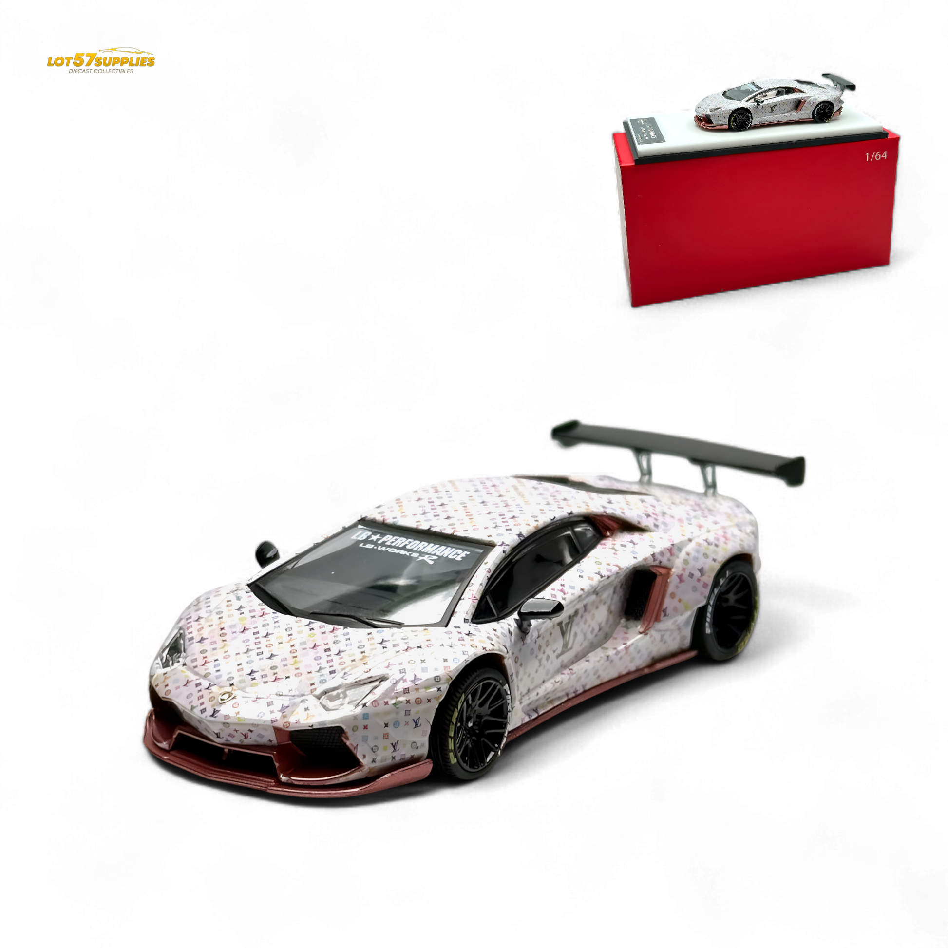 White King Model Lamborghini Aventador LP700-4 diecast car with LV livery, detailed 1:64 scale model by Lot57Supplies Diecast Shop