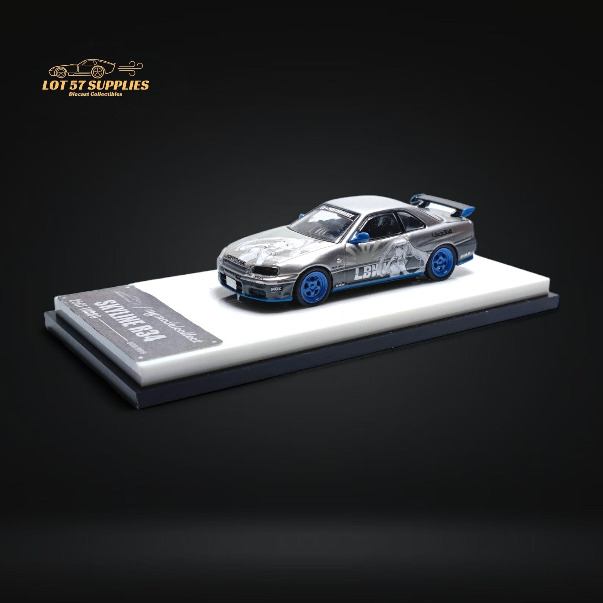 Silver Nissan Skyline R34 25GT Turbo diecast model in Queen Livery, detailed 1:64 scale by Lot57Supplies Diecast Shop.