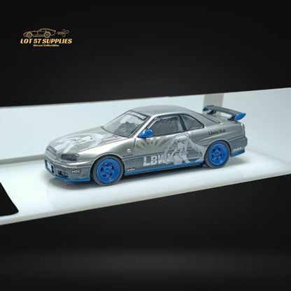 Silver Nissan Skyline R34 25GT Turbo diecast model with Queen livery, detailed 1:64 scale from Lot57Supplies Diecast Shop.