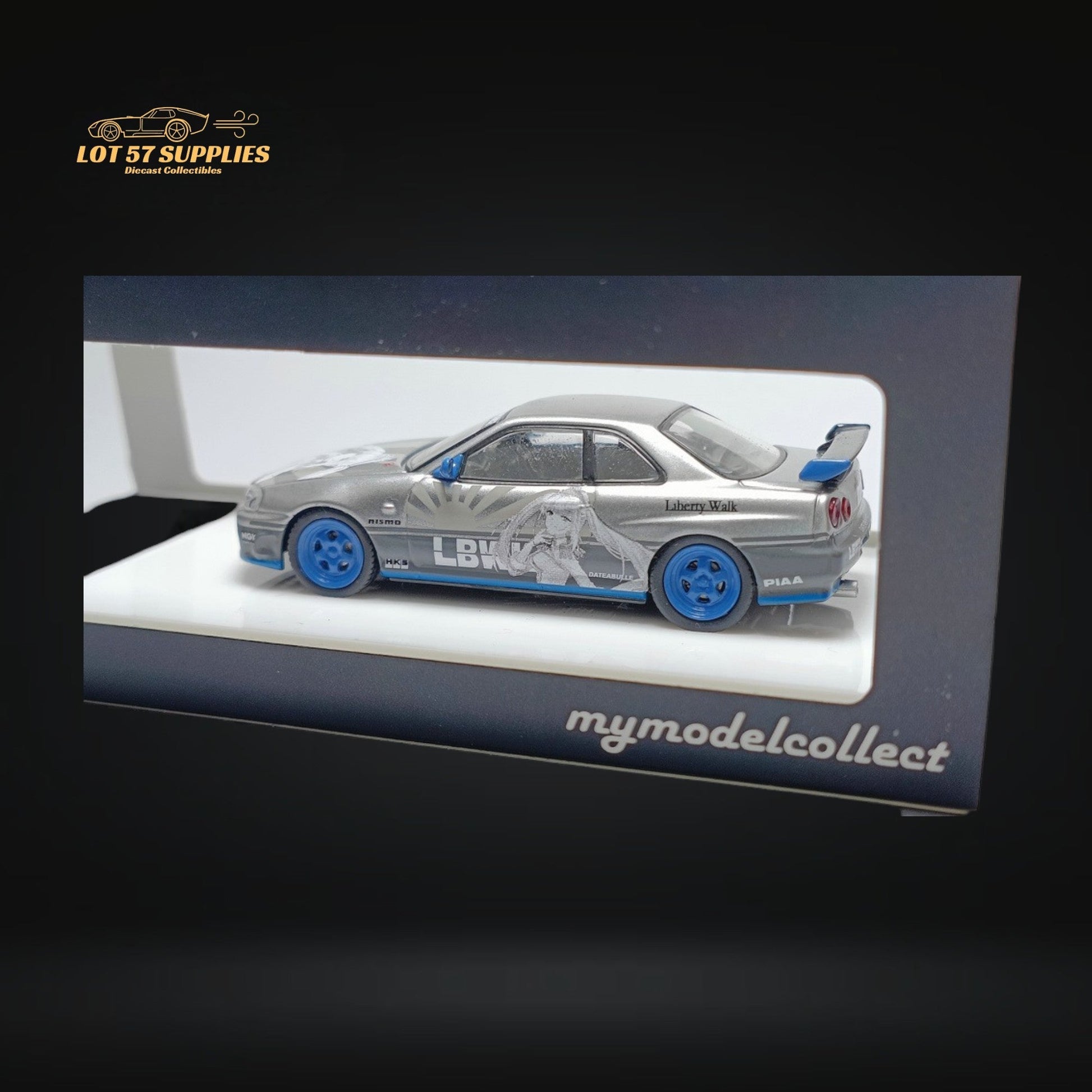 Silver Nissan Skyline R34 25GT Turbo diecast model with Queen Livery in 1:64 scale from Lot57Supplies Diecast Shop