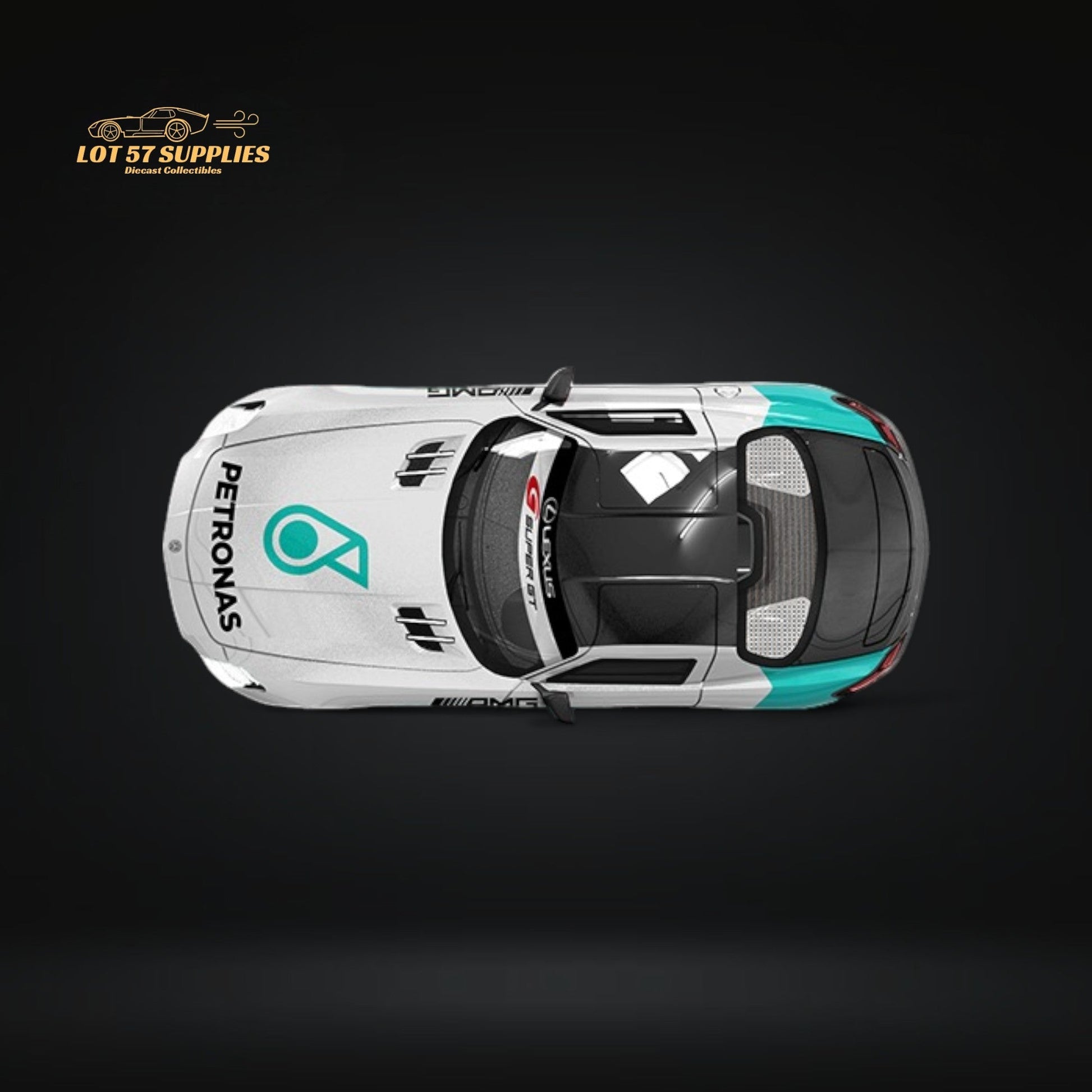 Mercedes-Benz SLS diecast model in Petronas livery, 1:64 scale, detailed silver and green design by Lot57Supplies Diecast Shop