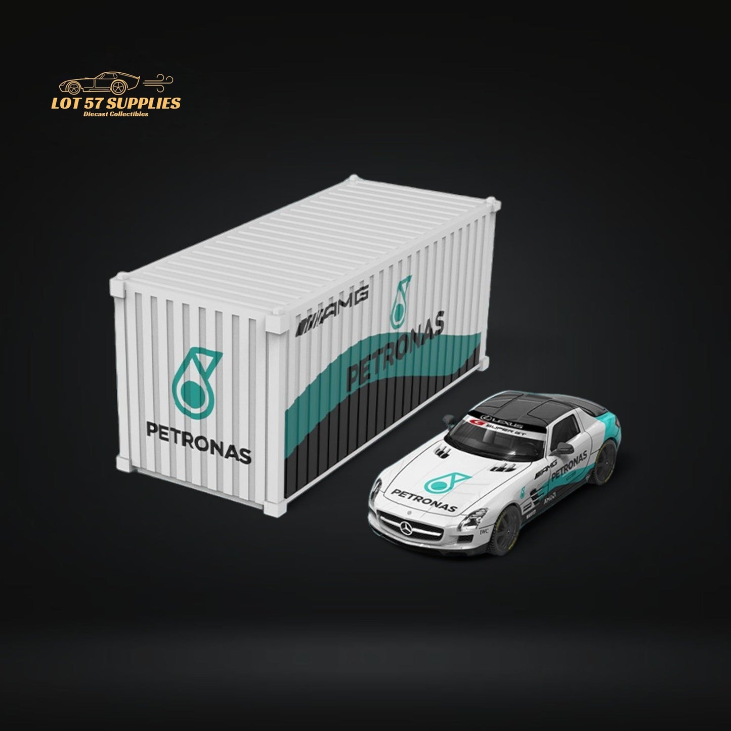 Diecast Mercedes-Benz SLS model in Petronas livery, 1:64 scale, from Lot57Supplies Diecast Shop, detailed and realistic.