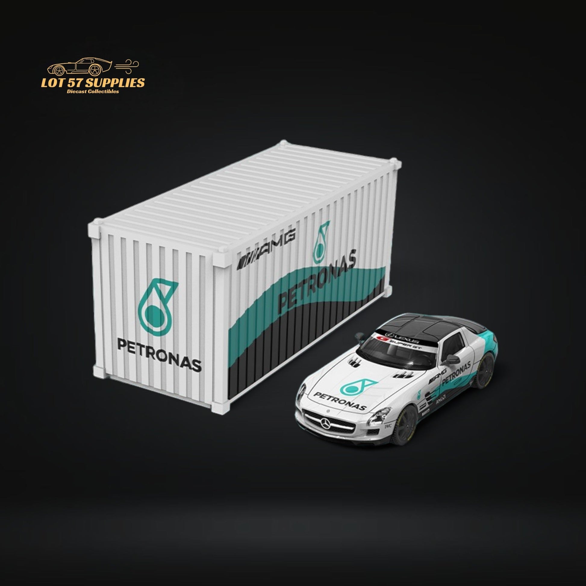 Diecast Mercedes-Benz SLS model in Petronas livery, 1:64 scale, from Lot57Supplies Diecast Shop, detailed and realistic.