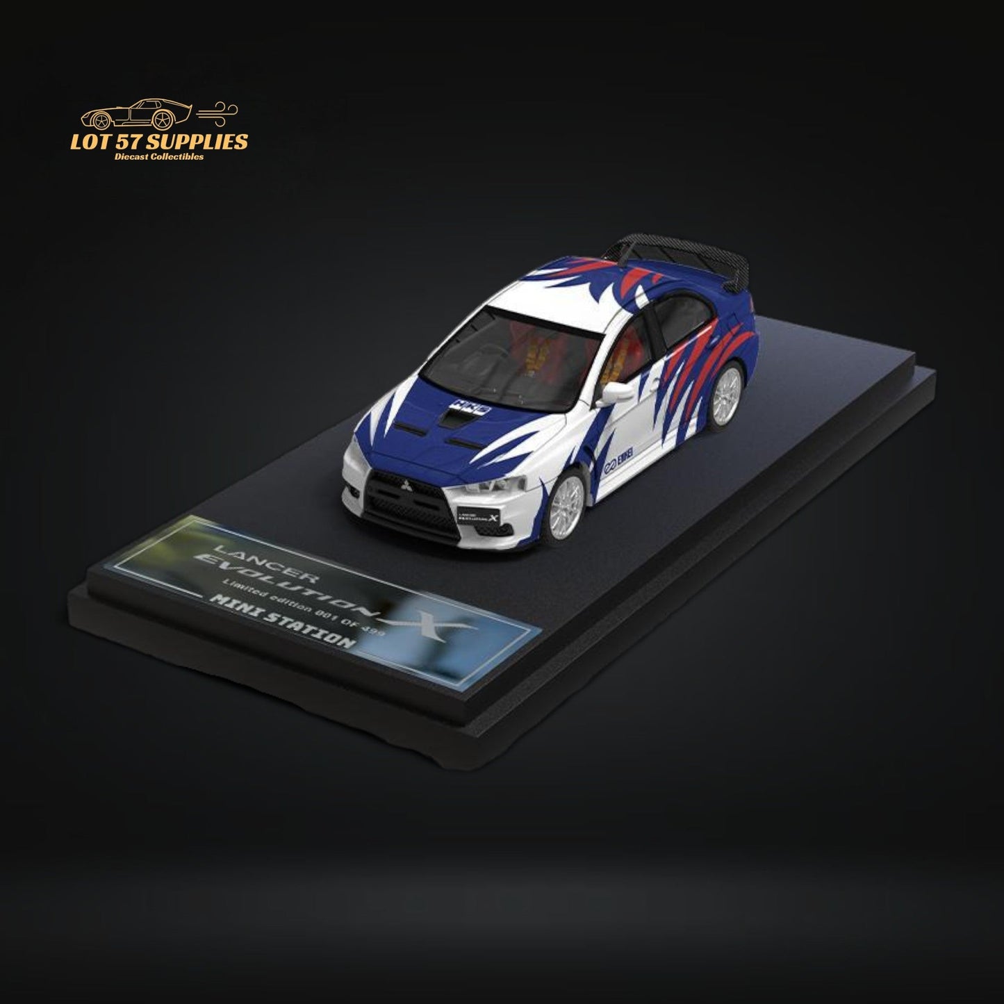 Mini Mitsubishi Lancer EVO X diecast model with Need for Speed Black List #9 livery, detailed black and red design, 1:64 scale