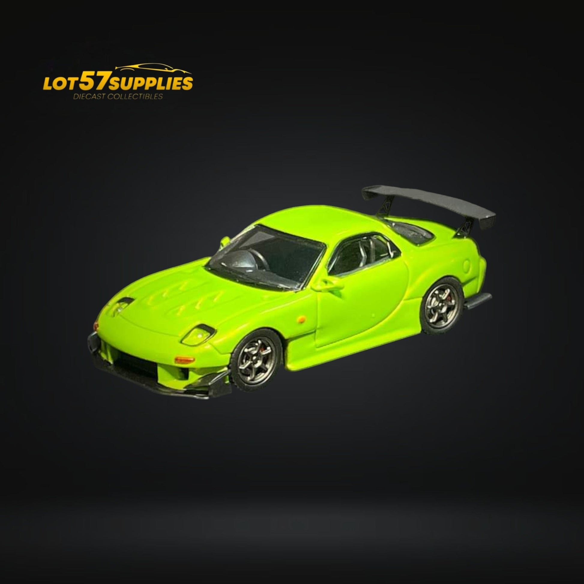 Apple green Mazda FD3S RX-7 diecast model in 1:64 scale by Lot57Supplies Diecast Shop, detailed miniature car on display.