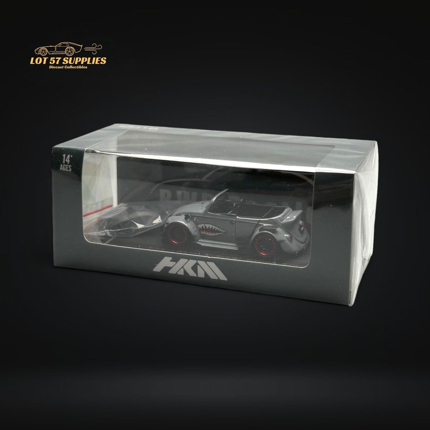 Gray HKM VW Beetle Convertible diecast model with shark mouth design, 1:64 scale, detailed collectible vehicle.