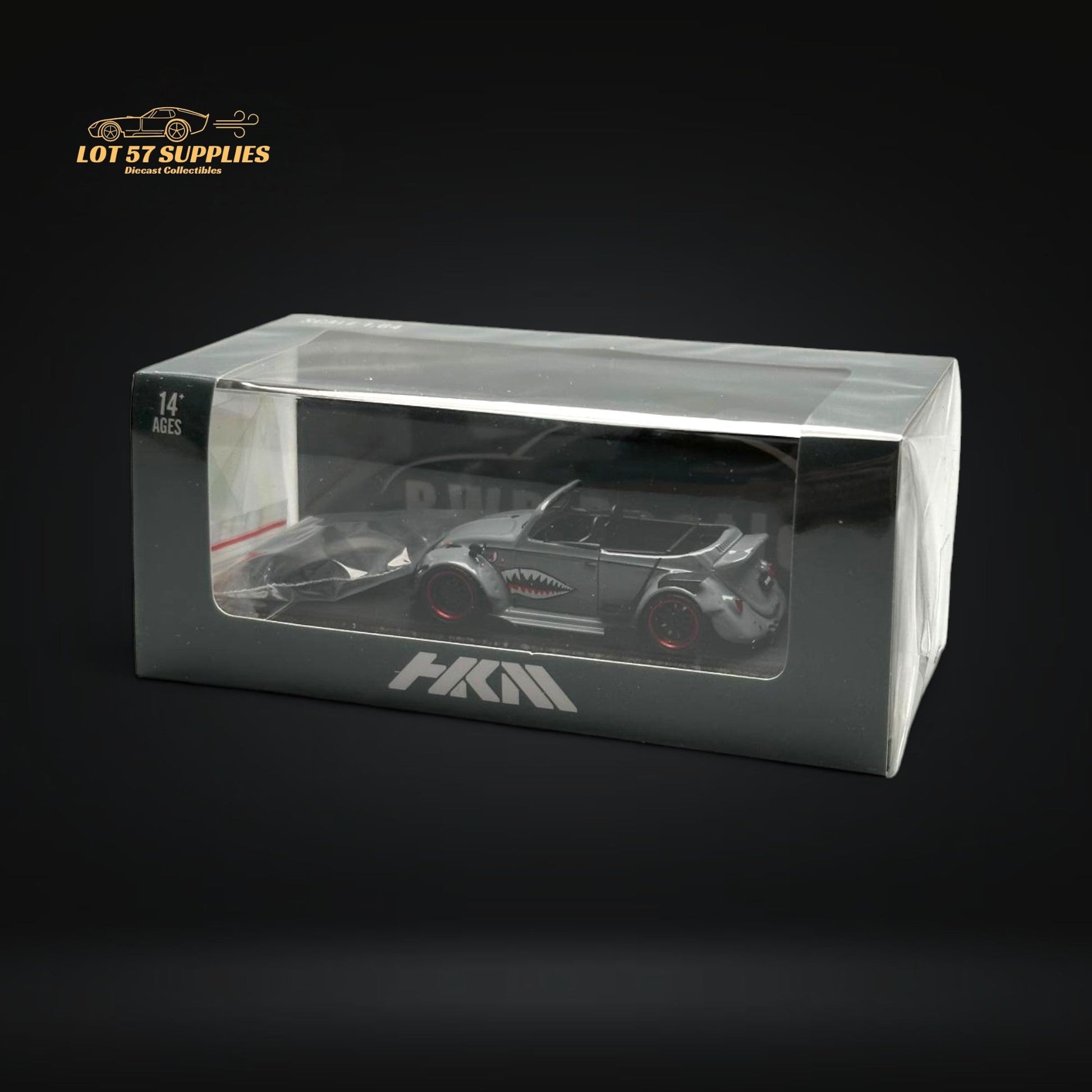 Gray HKM VW Beetle Convertible diecast model with shark mouth design, 1:64 scale, detailed collectible vehicle.