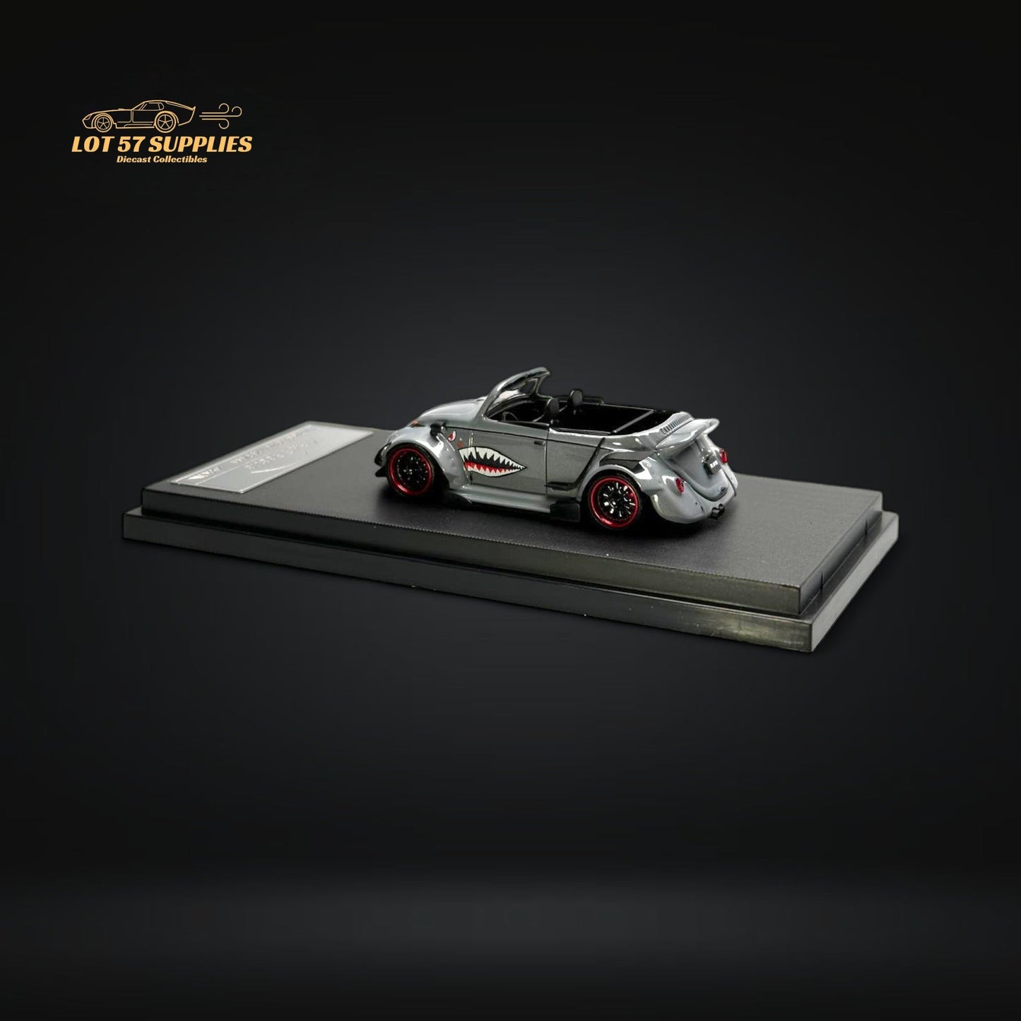 Grey Shark Mouth VW Beetle convertible diecast model in 1:64 scale from Lot57Supplies, showcasing detailed exterior and open-top design.