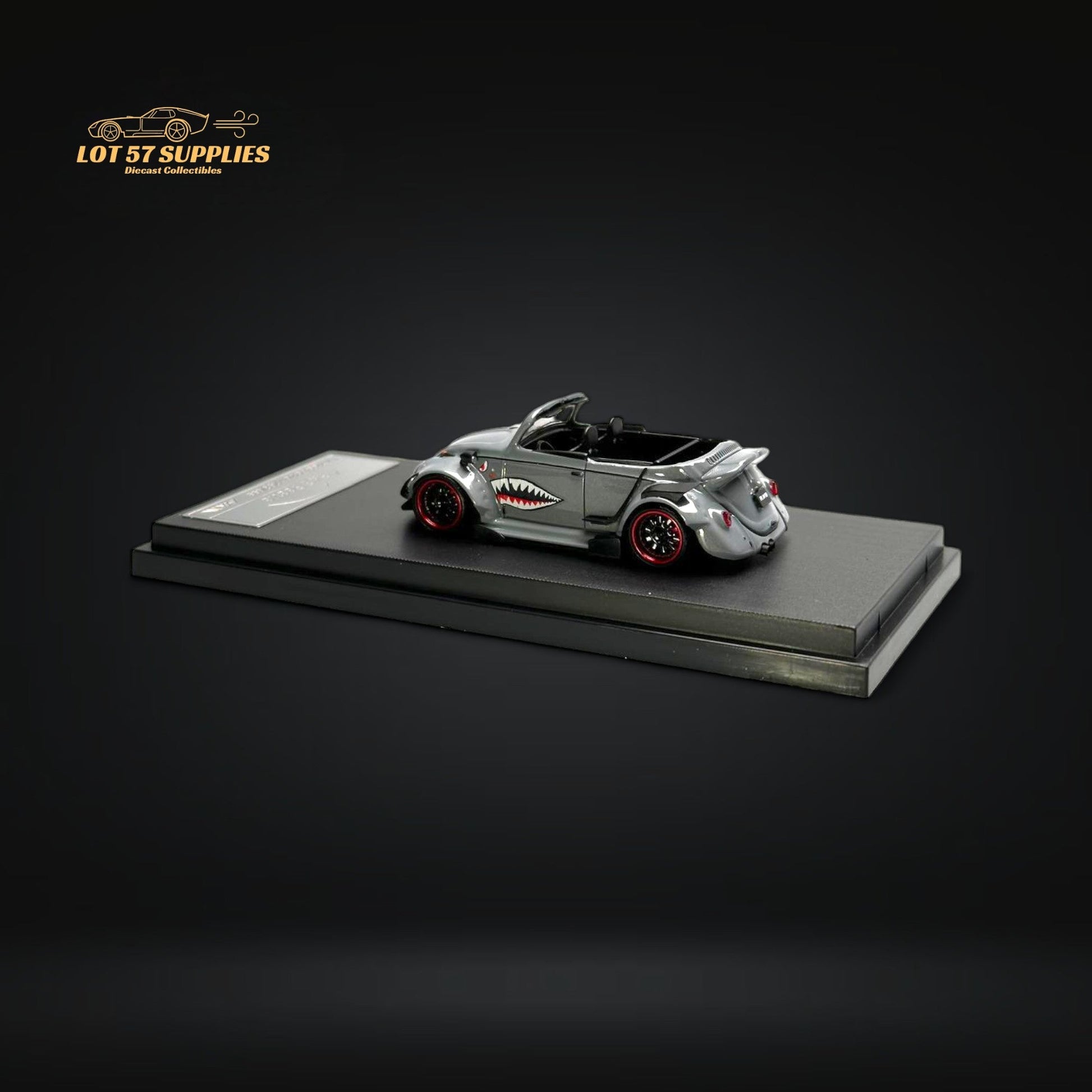 Grey Shark Mouth VW Beetle convertible diecast model in 1:64 scale from Lot57Supplies, showcasing detailed exterior and open-top design.