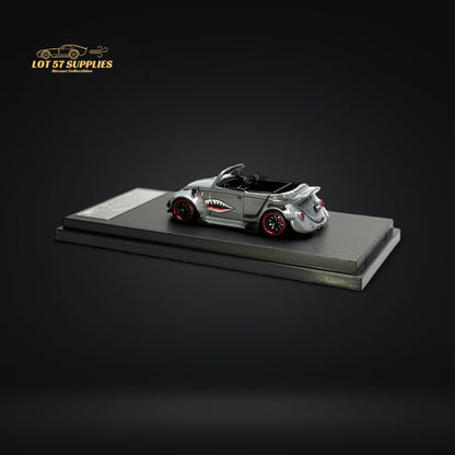 Grey Shark Mouth VW Beetle convertible diecast model in 1:64 scale from Lot57Supplies, showcasing detailed exterior and open-top design.